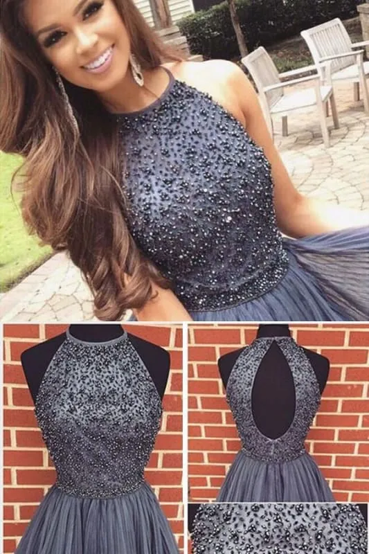 A-line Dark Gray Jewel Sleeveless Beaded Backless Tulle Homecoming Short Party Dress