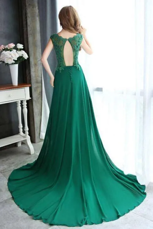A-line Dark Green Cap Sleeve Scoop Applique Chiffon Long Prom Dress with Beaded