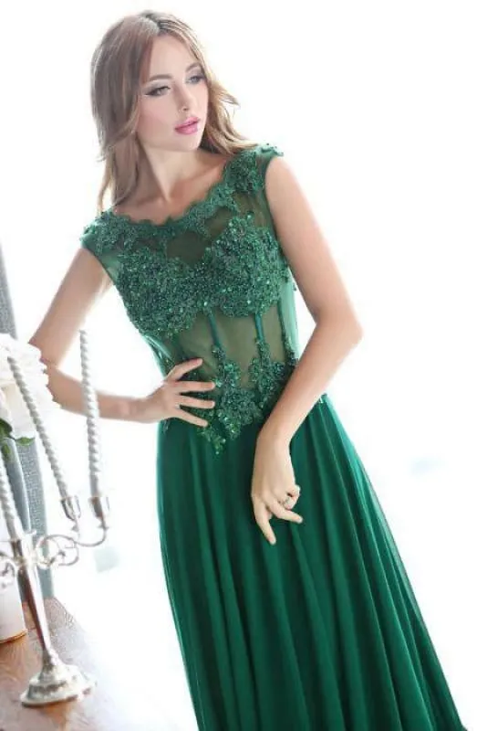 A-line Dark Green Cap Sleeve Scoop Applique Chiffon Long Prom Dress with Beaded
