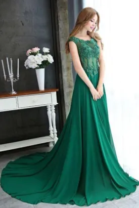 A-line Dark Green Cap Sleeve Scoop Applique Chiffon Long Prom Dress with Beaded