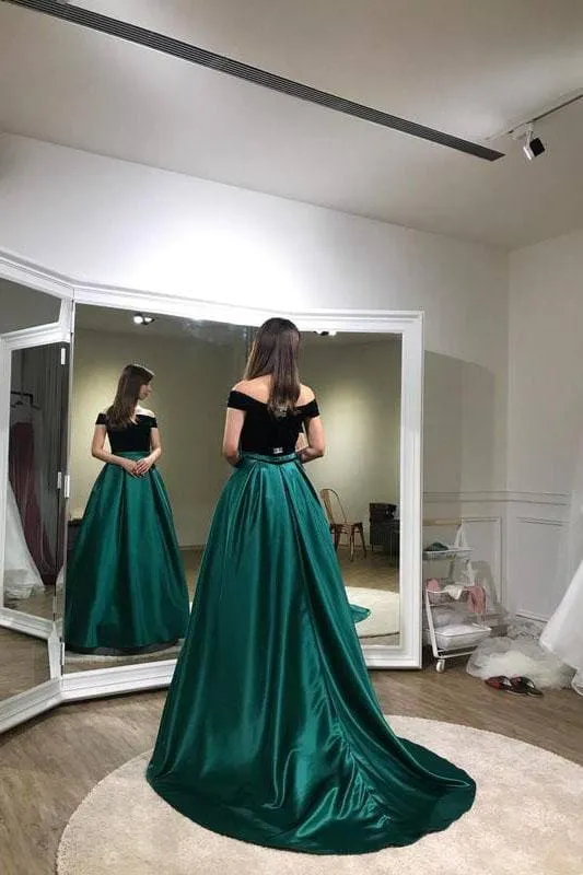 A-line Dark Green Off-the-shoulder Sweep Train Evening Dress Prom Gown