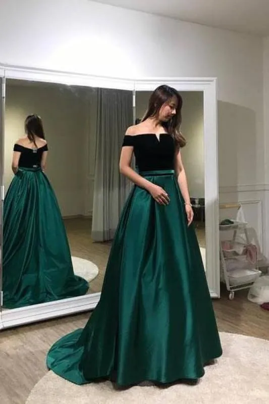 A-line Dark Green Off-the-shoulder Sweep Train Evening Dress Prom Gown