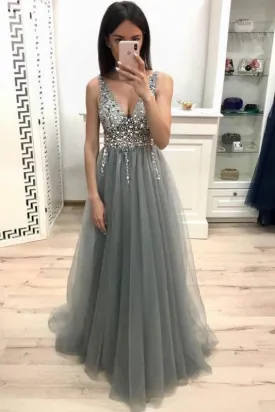 A Line V Neck Sleeveless Tulle Prom with Sequins and Beading Sparkly Formal Dress