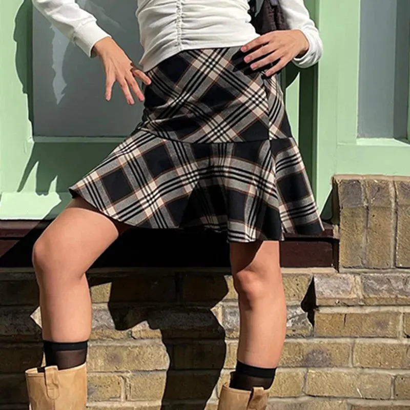 Brown Plaid A-Line Mini Skirts