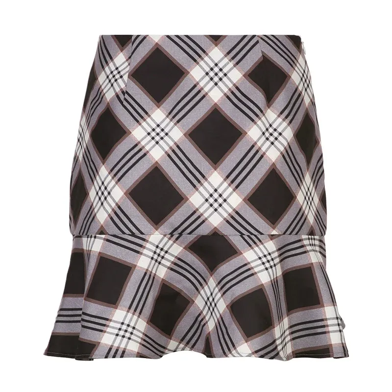 Brown Plaid A-Line Mini Skirts