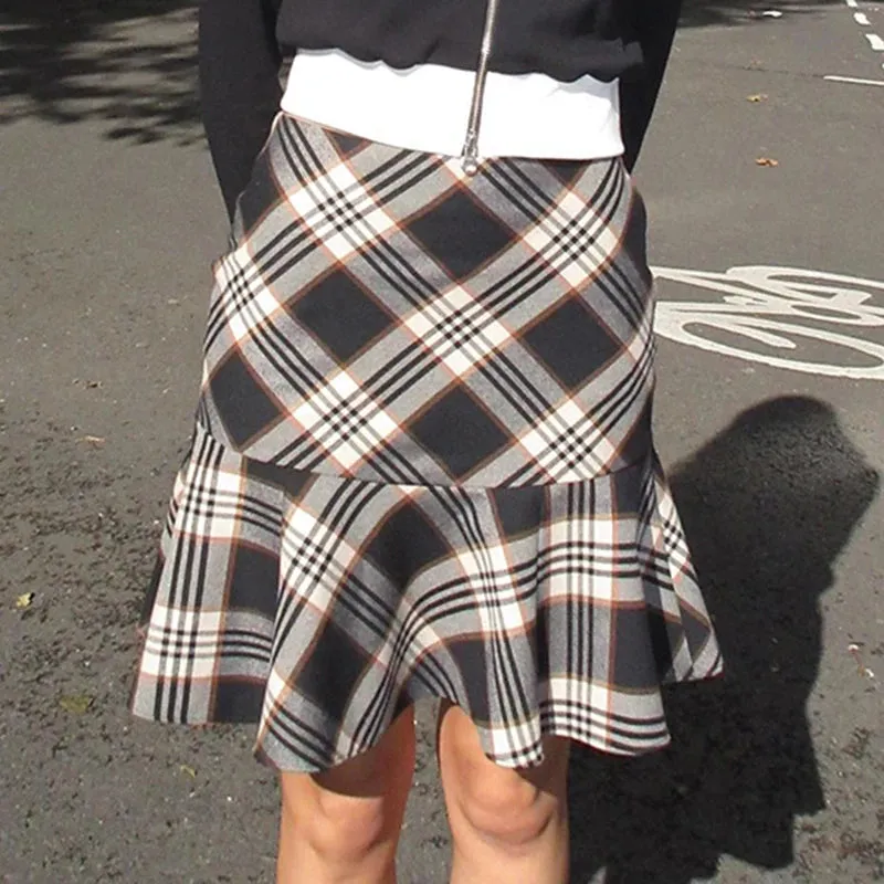 Brown Plaid A-Line Mini Skirts