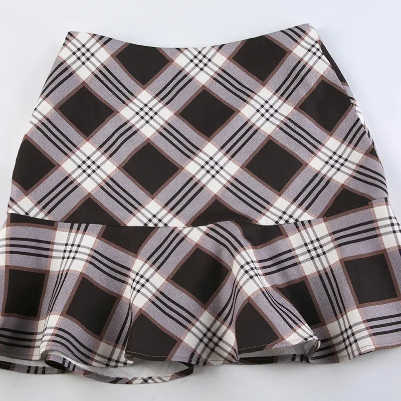 Brown Plaid A-Line Mini Skirts