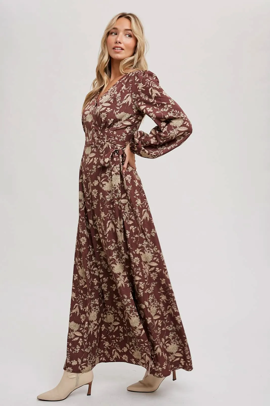 Hazelnut Floral Print Wrap Maxi Dress