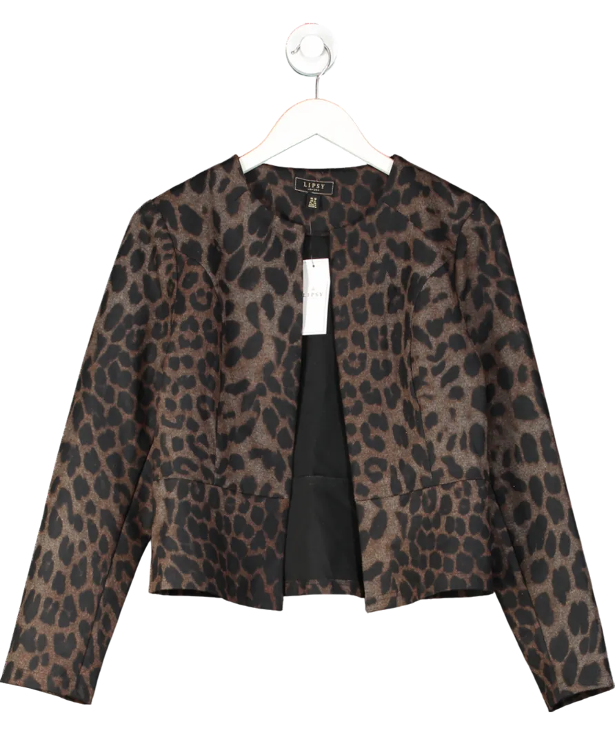 lipsy london Brown Animal Printed Cropped Collarless Blazer UK 10