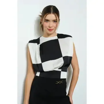 NB Sleeveless Satin Checkered Back-Tie Crop Top