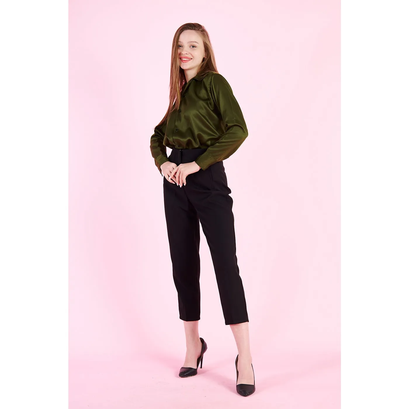 Olive Cuban Collar Satin Shirt