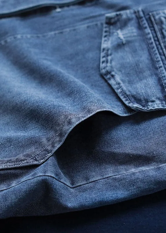 Unique Blue Pockets Button Loose Fall Denim Long sleeve Coats trench coats